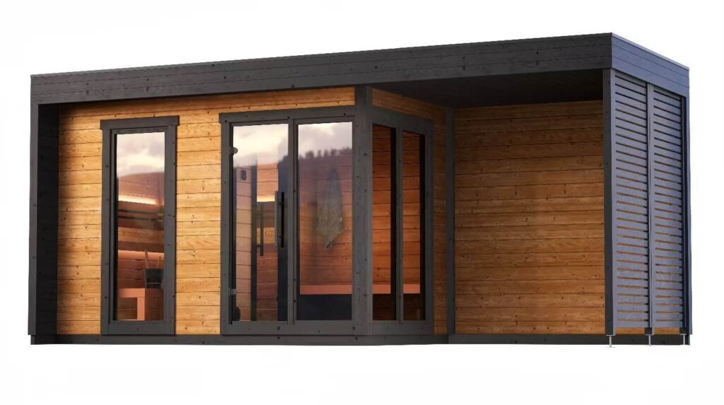sauna sucha ogrodowa z przedsionkiem i przestronną strefą relaksu