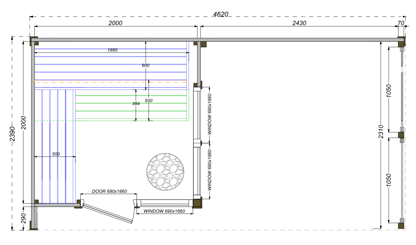 rysunek techniczny z dokładnymi wymiarami sauny soe s plus